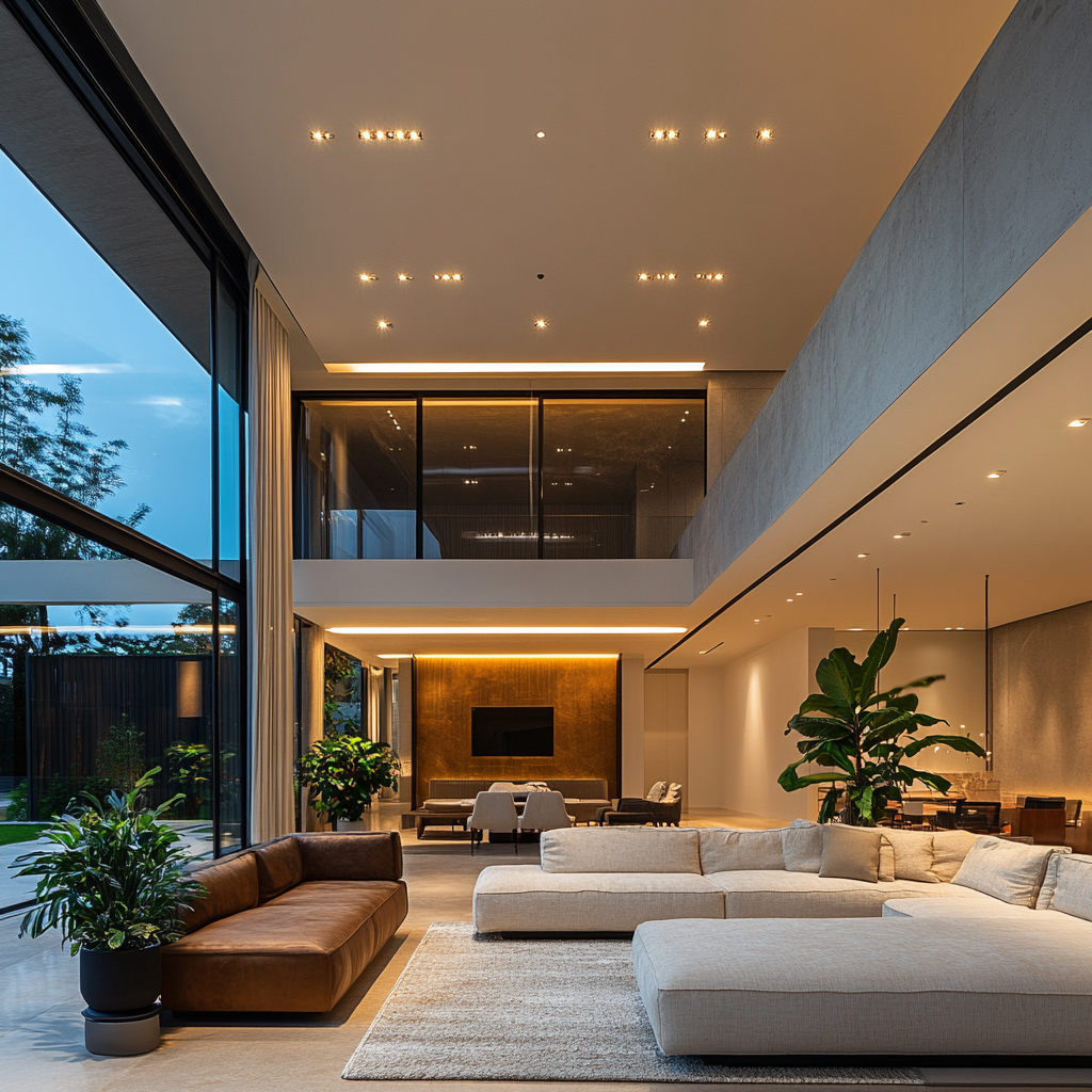Luxury open living area with home wellness designs blending space greenery and soft lighting