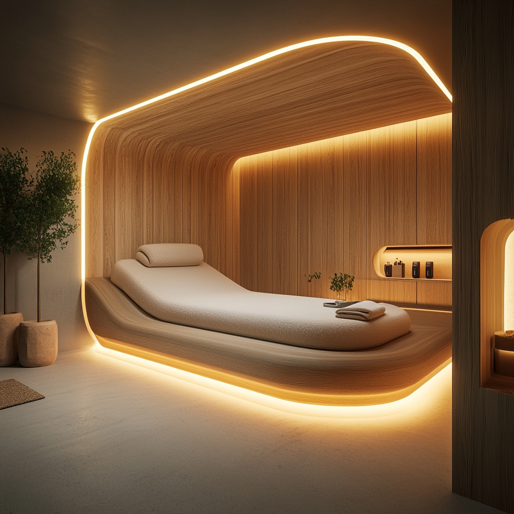 Futuristic spa suite with home wellness designs using warm lights and curved wood interiors