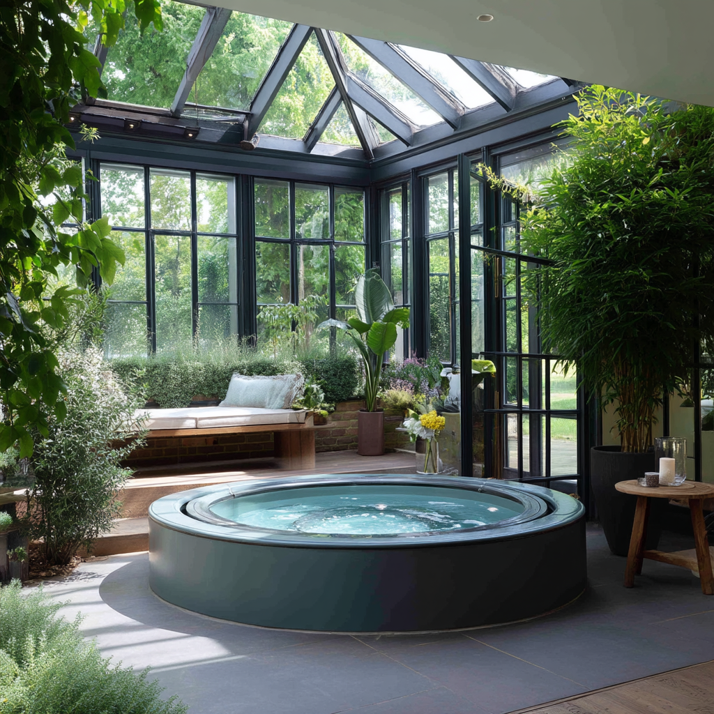 Luxury indoor spa with home wellness designs featuring plants natural light and peaceful energy