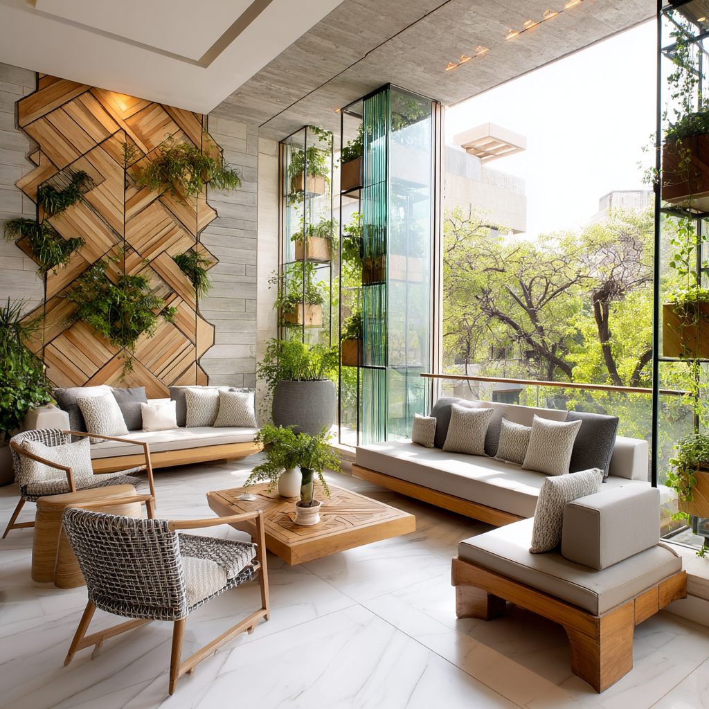 Bright indoor lounge with home wellness designs featuring natural light greenery and wood textures