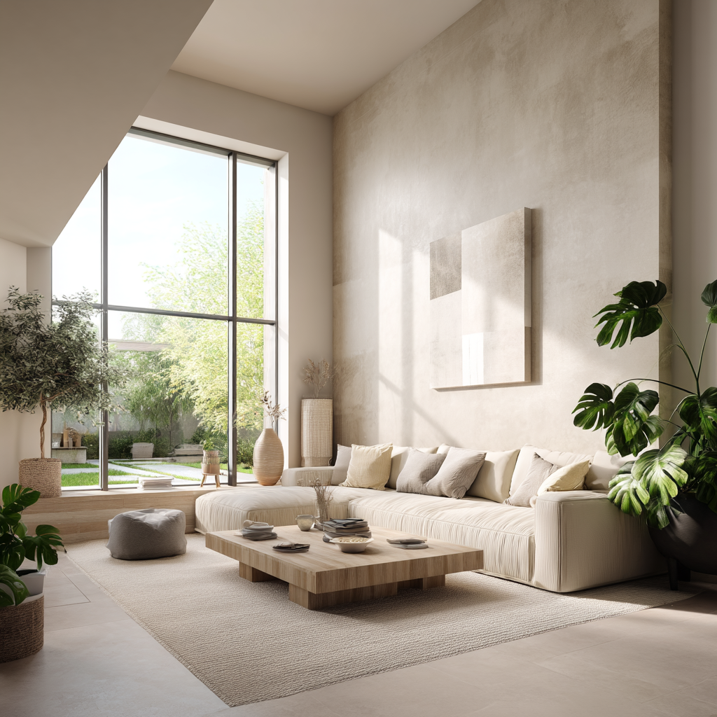 Bright peaceful lounge with home wellness designs using earthy tones plants and sunlight