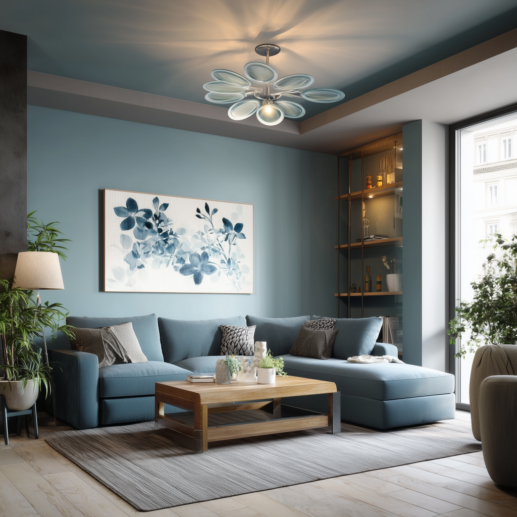 Statement ceiling design with floral lighting and cozy blue interior 