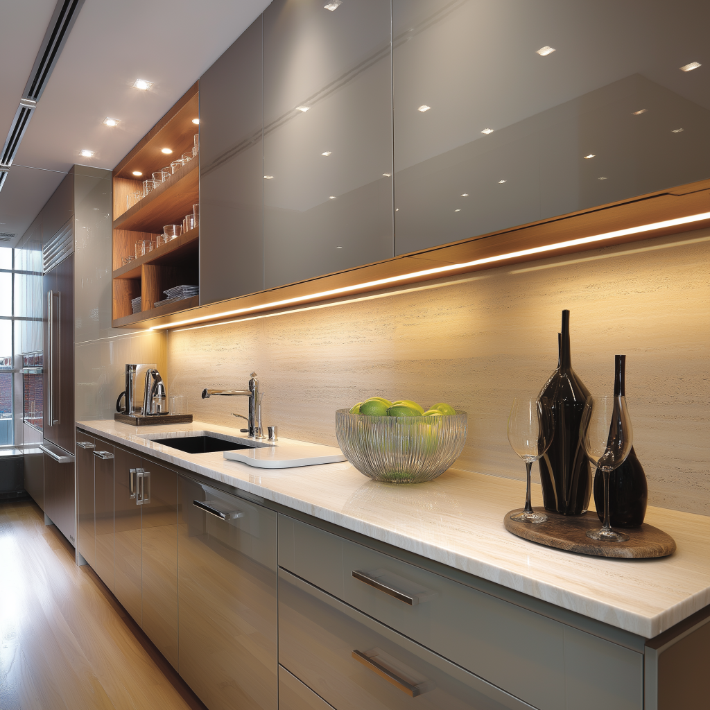 Elegant lighting and statement ceiling design in modern kitchen 