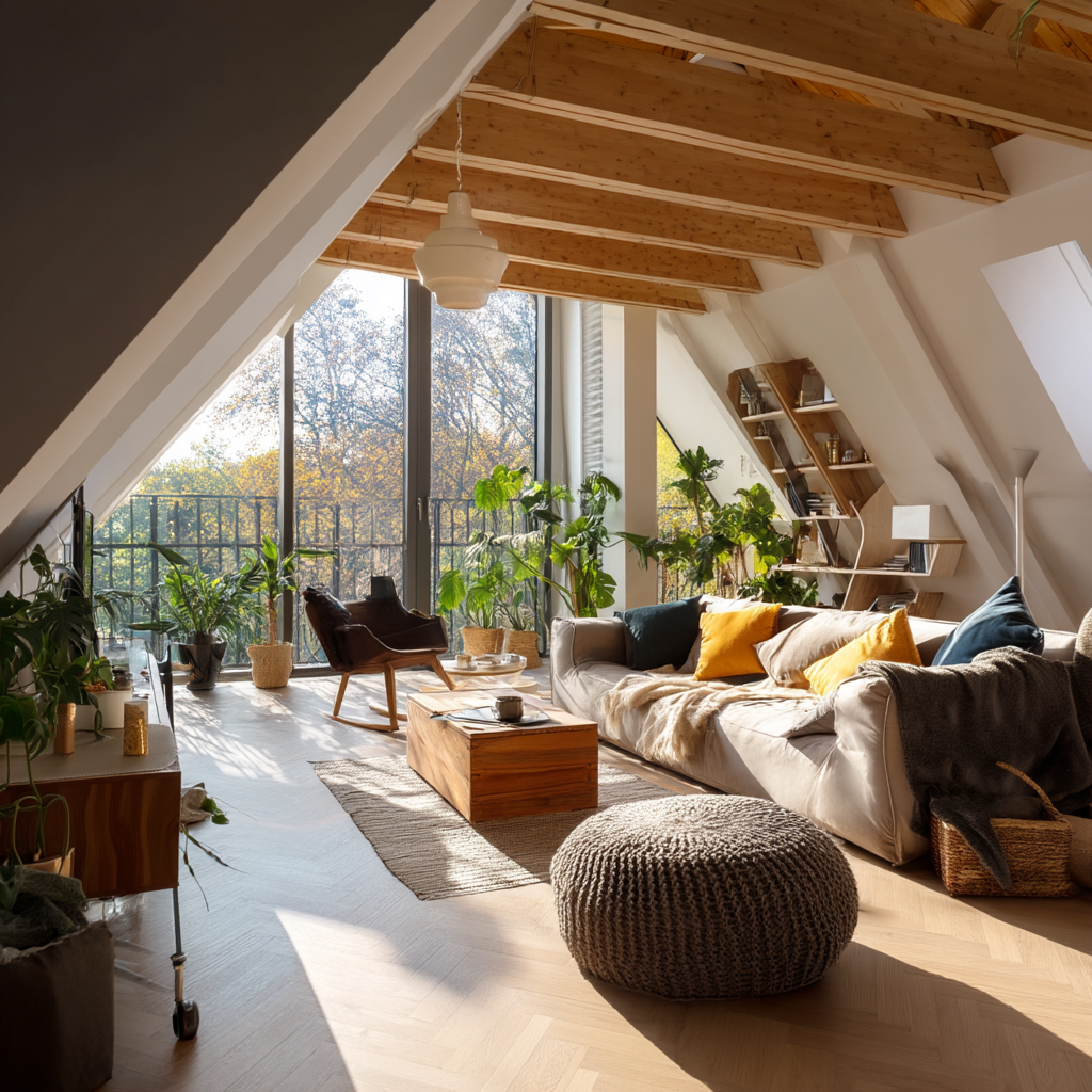 Elegant statement ceiling design with exposed beams and natural light 