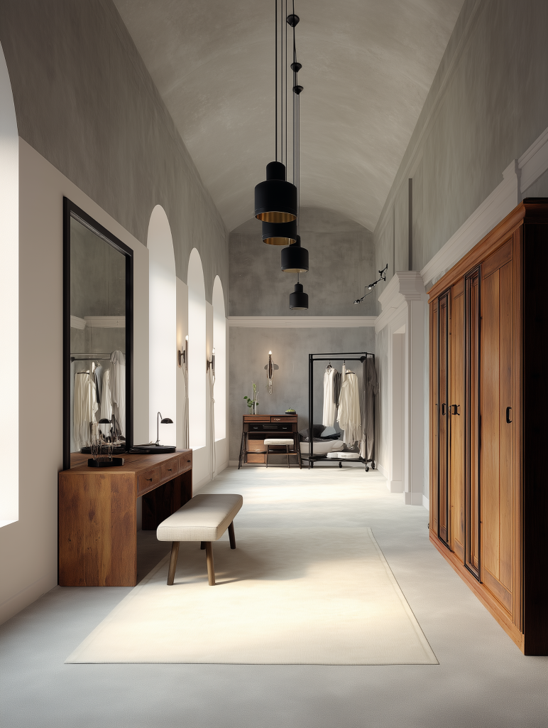 Modern statement ceiling design with vertical hanging light fixtures 
