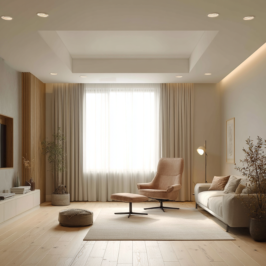 Modern statement ceiling design with recessed neutral living decor 