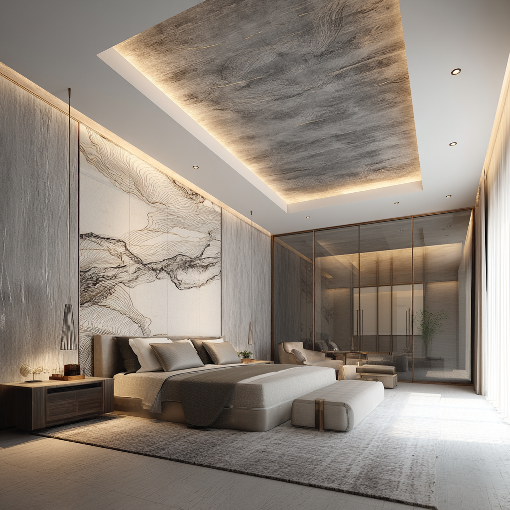 Statement ceiling design with textured surface and soft lighting 