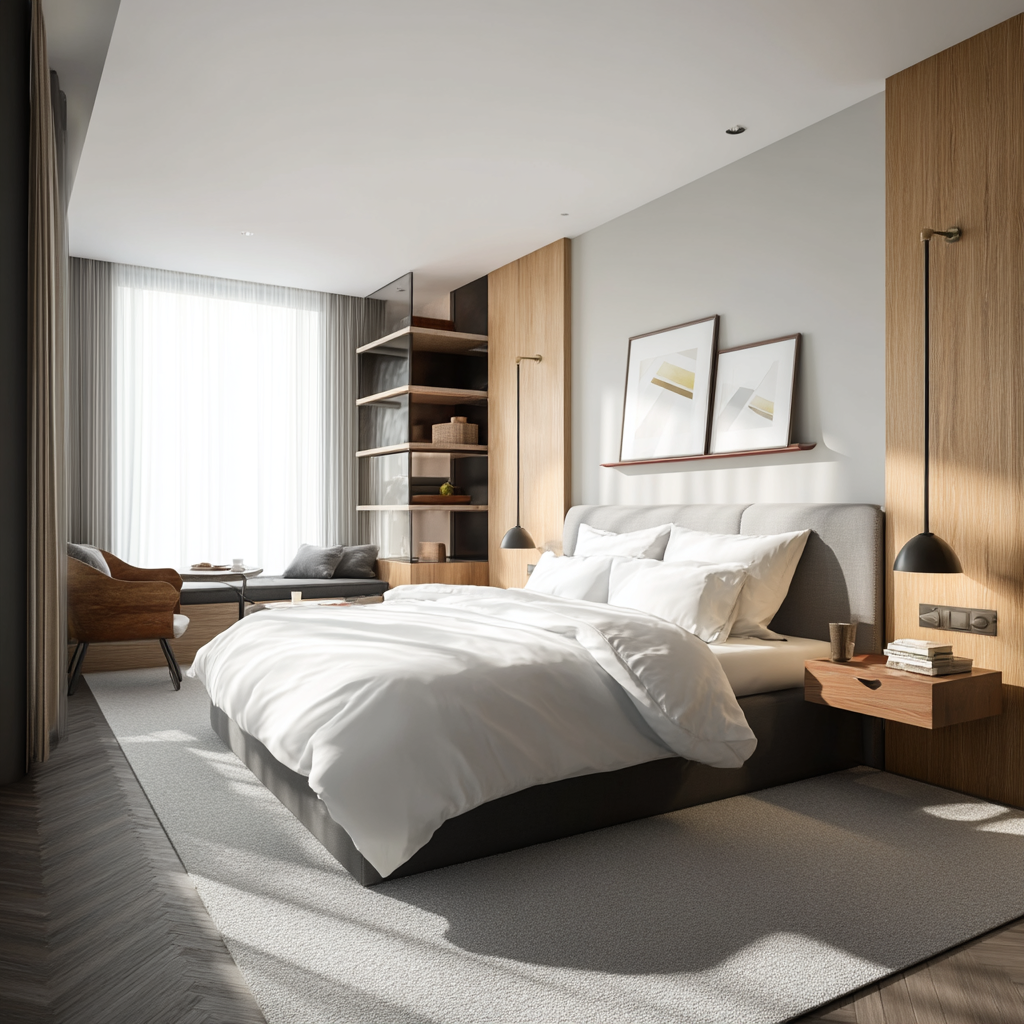 Modern bedroom with modular furniture design and smart storage systems 