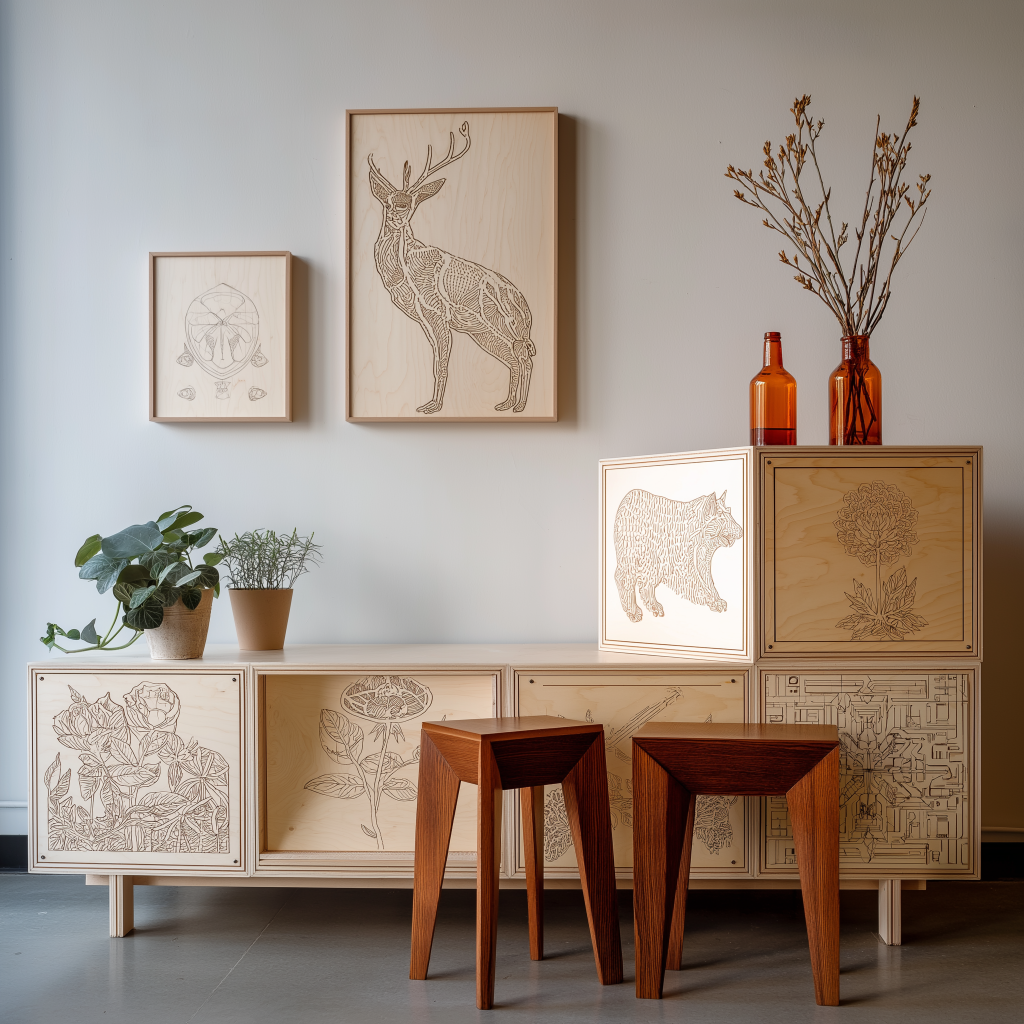 Modular furniture design with nature-inspired carvings for small spaces 
