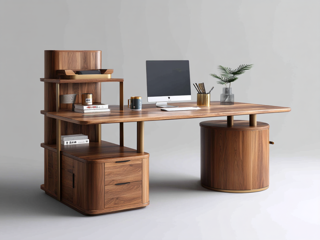 Wooden modular office furniture design with built-in storage and shelves 