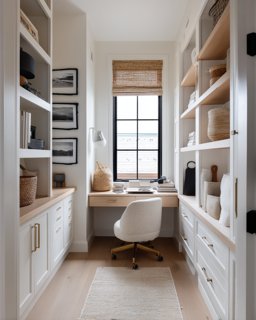 Compact modern home office setup with storage and neutral tones 