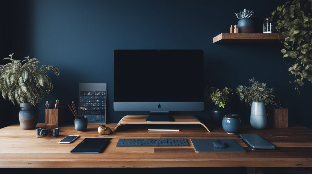 Home office setup with desktop computer and modern decor 