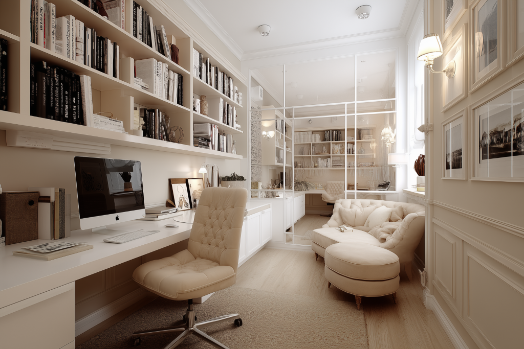 Elegant home office setup with bookshelves and modern workspace chair 