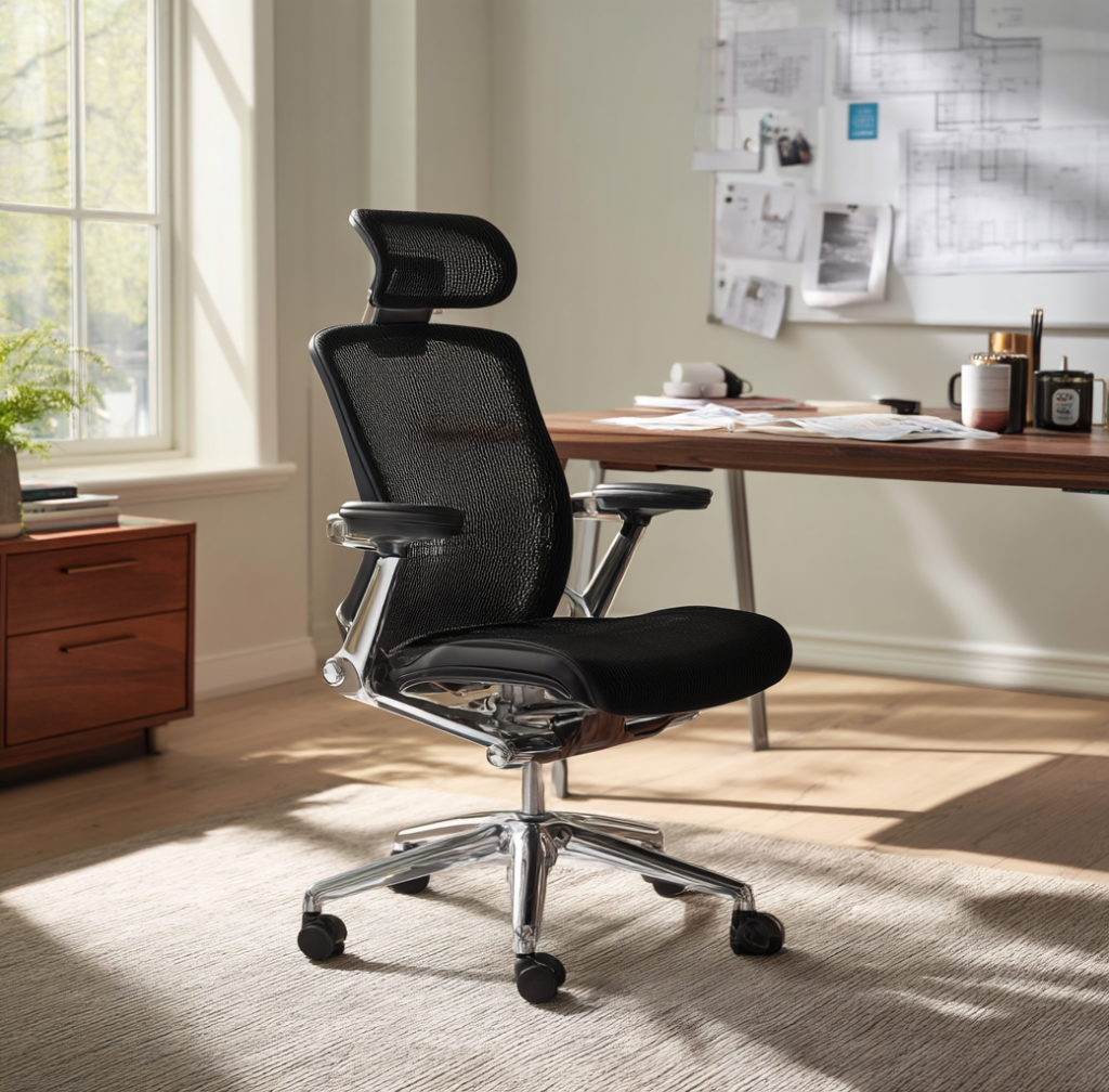 Modern home office setup featuring a rolling desk chair 
