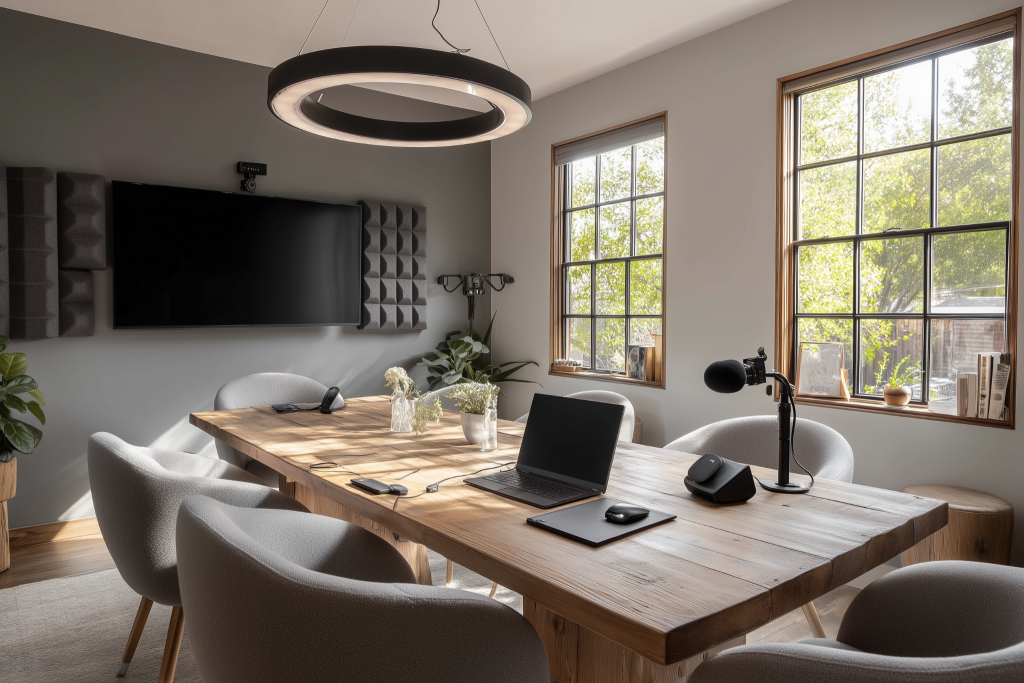 Modern home office setup with acoustic panels and workspace 