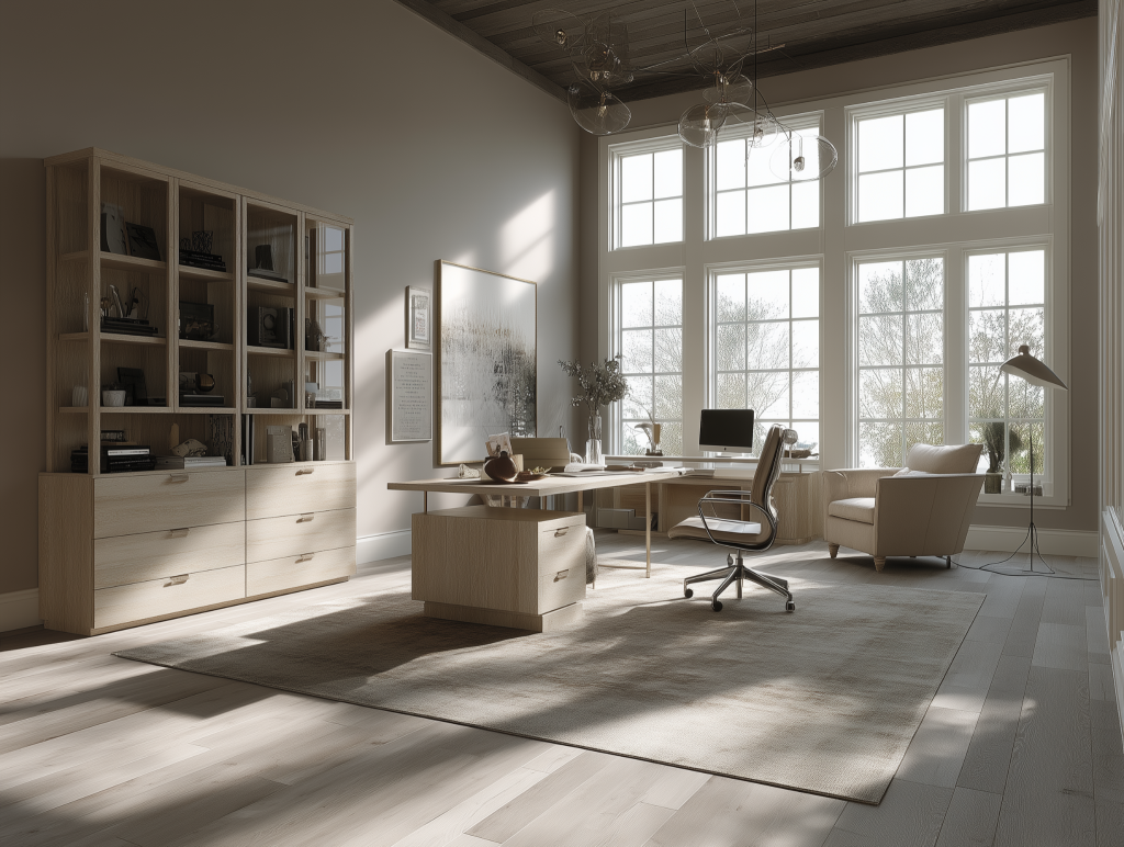 Best modern home office setup with natural wood and light 