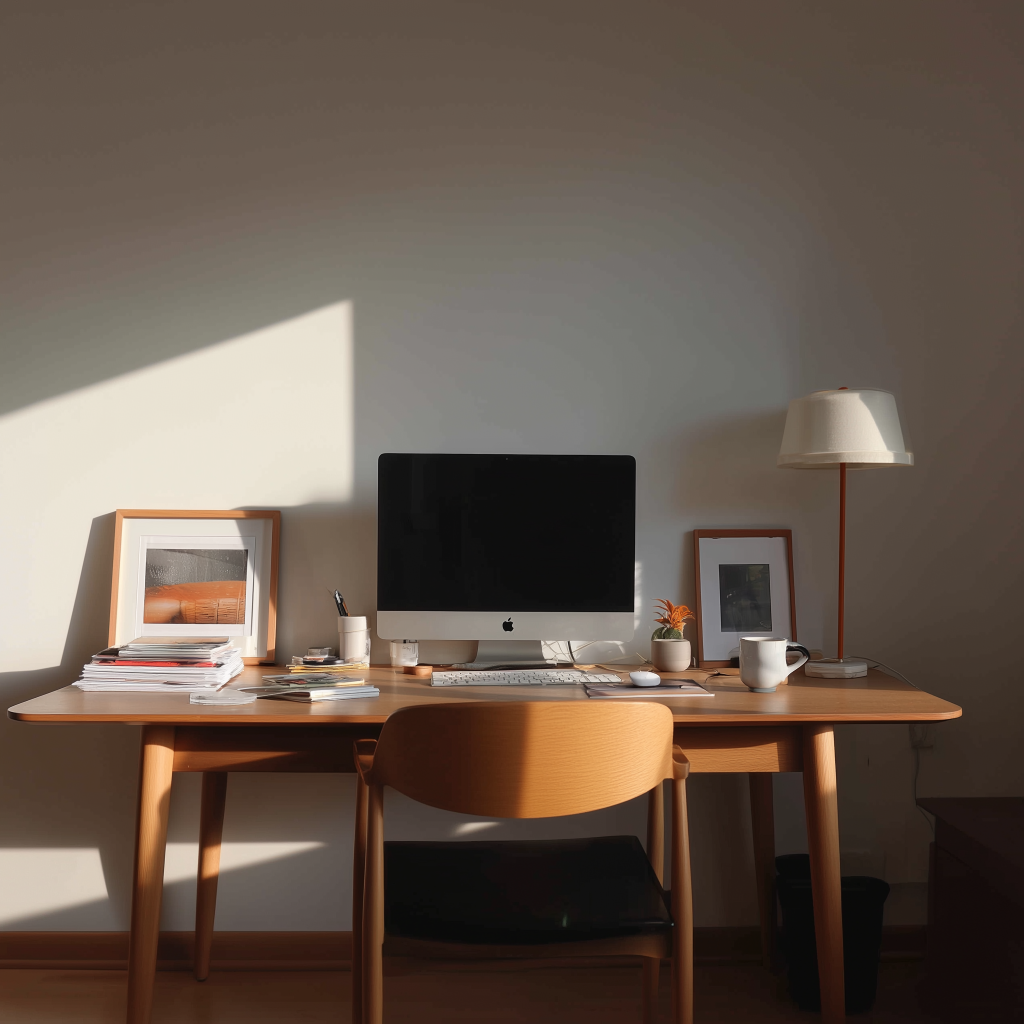 Simple modern home office setup with wooden desk and decor 