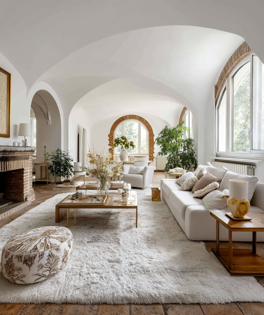 Modern curved furniture designs in cozy arched living room setting