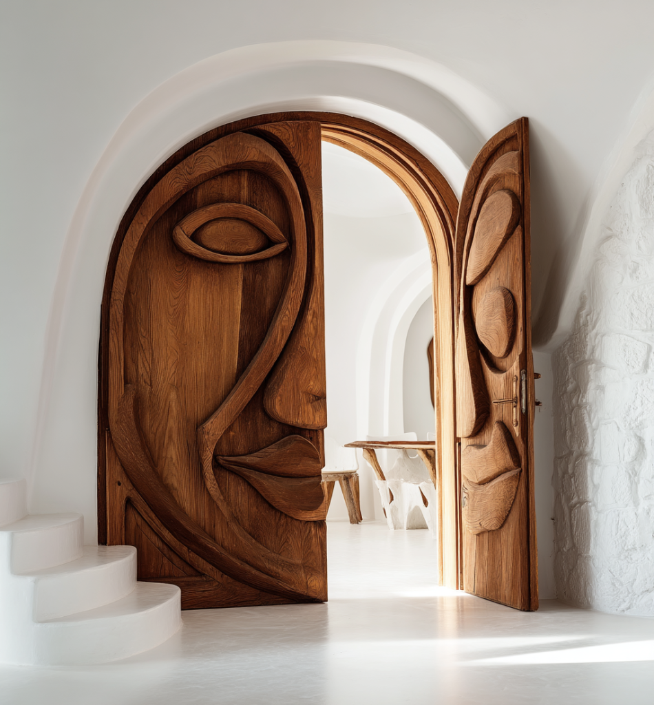 Best Curved furniture designs with artistic wooden door and arched interior 