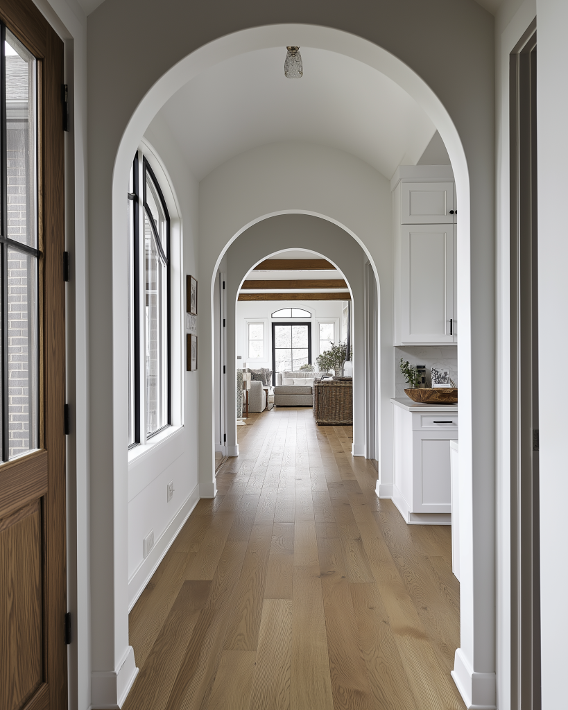 Curved furniture designs featured in elegant arched hallway interiors 