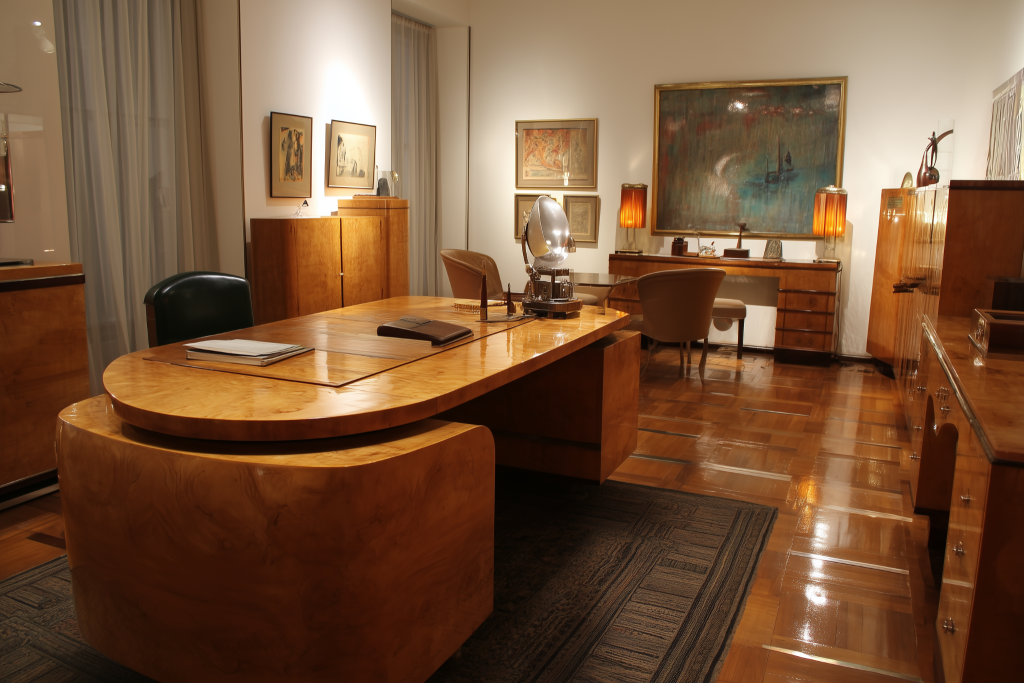 Curved furniture designs for classic executive office with wood decor 