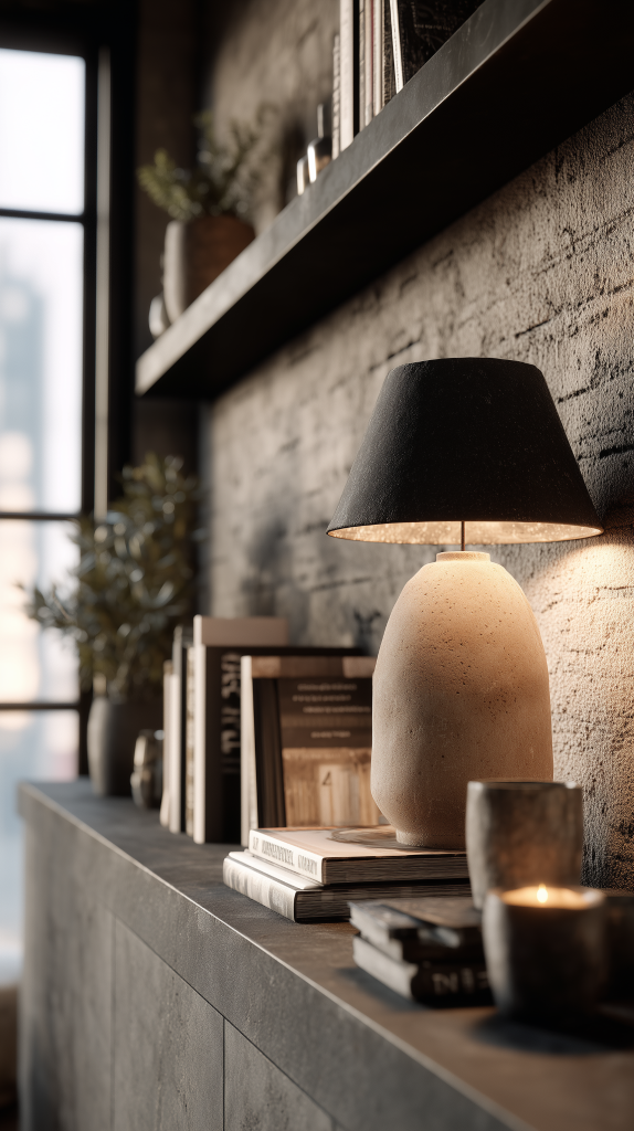 Stylish curved furniture designs with rustic shelf lamp and decor accents 