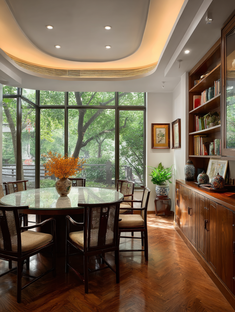 Stylish curved furniture designs with large windows and greenery view 