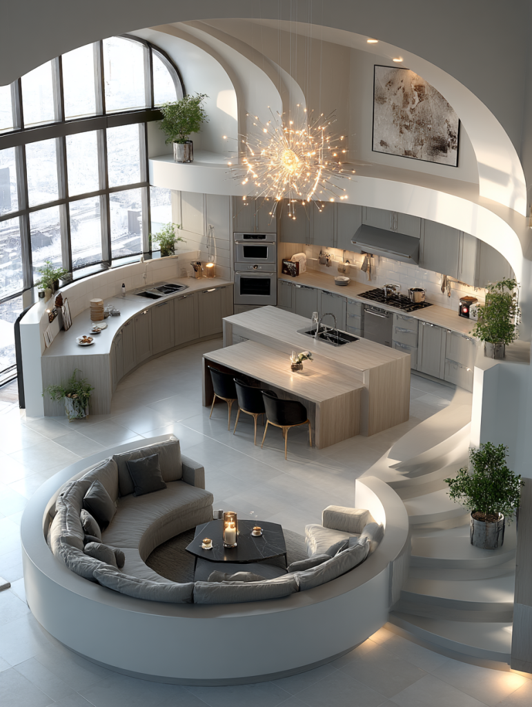 Curved furniture designs with modern kitchen layout and circular sofa seating 
