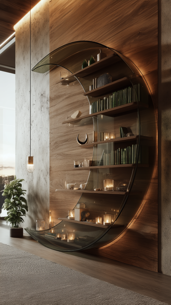 Modern curved furniture designs moon shaped shelf with decor items
