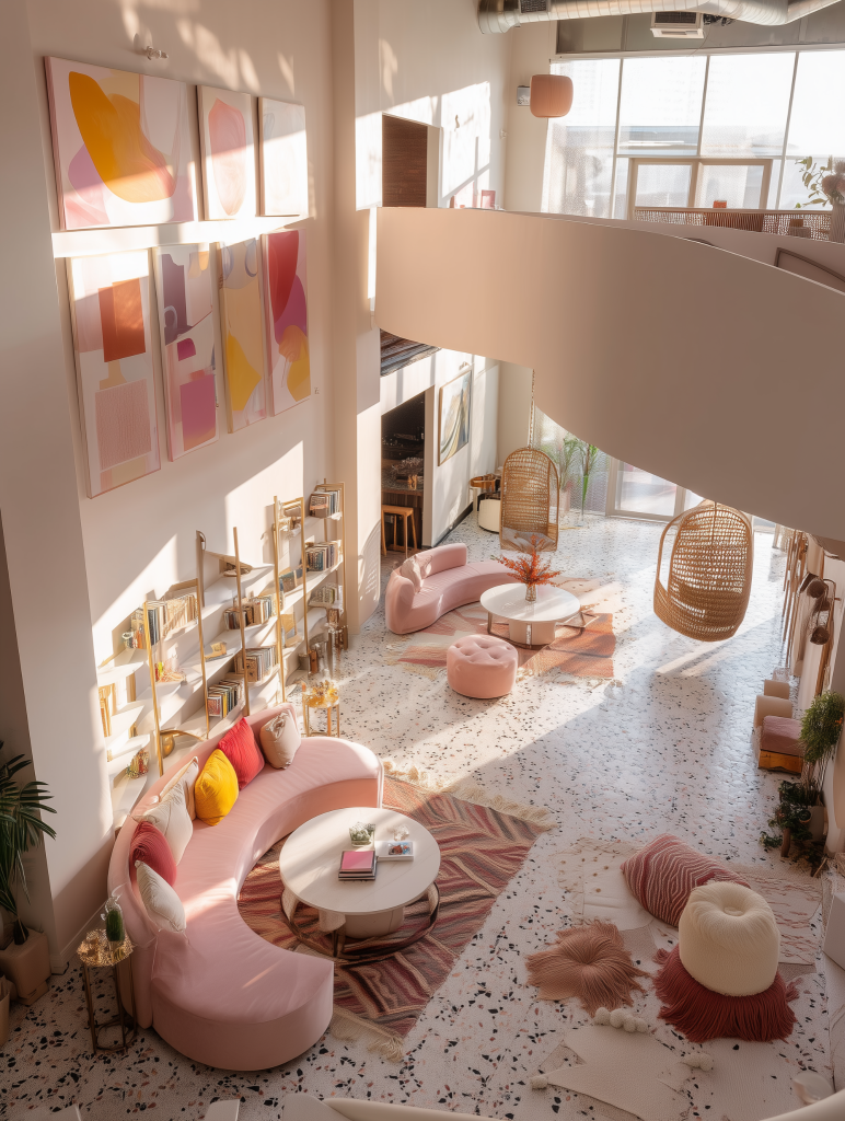 Modern curved furniture designs with colorful pillows and seating 