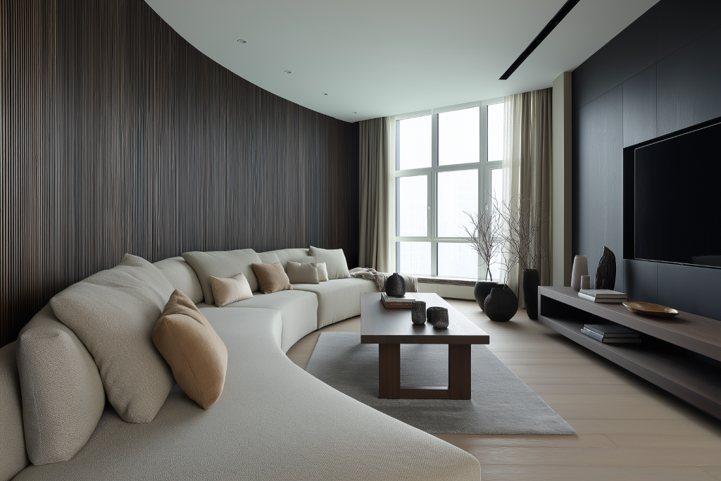 Elegant curved furniture designs in cozy contemporary living room 
