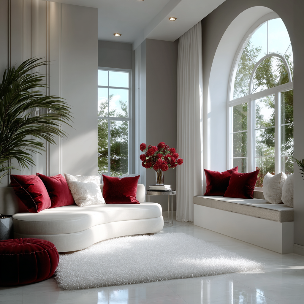 Modern curved furniture designs with white sofa and red cushions 
