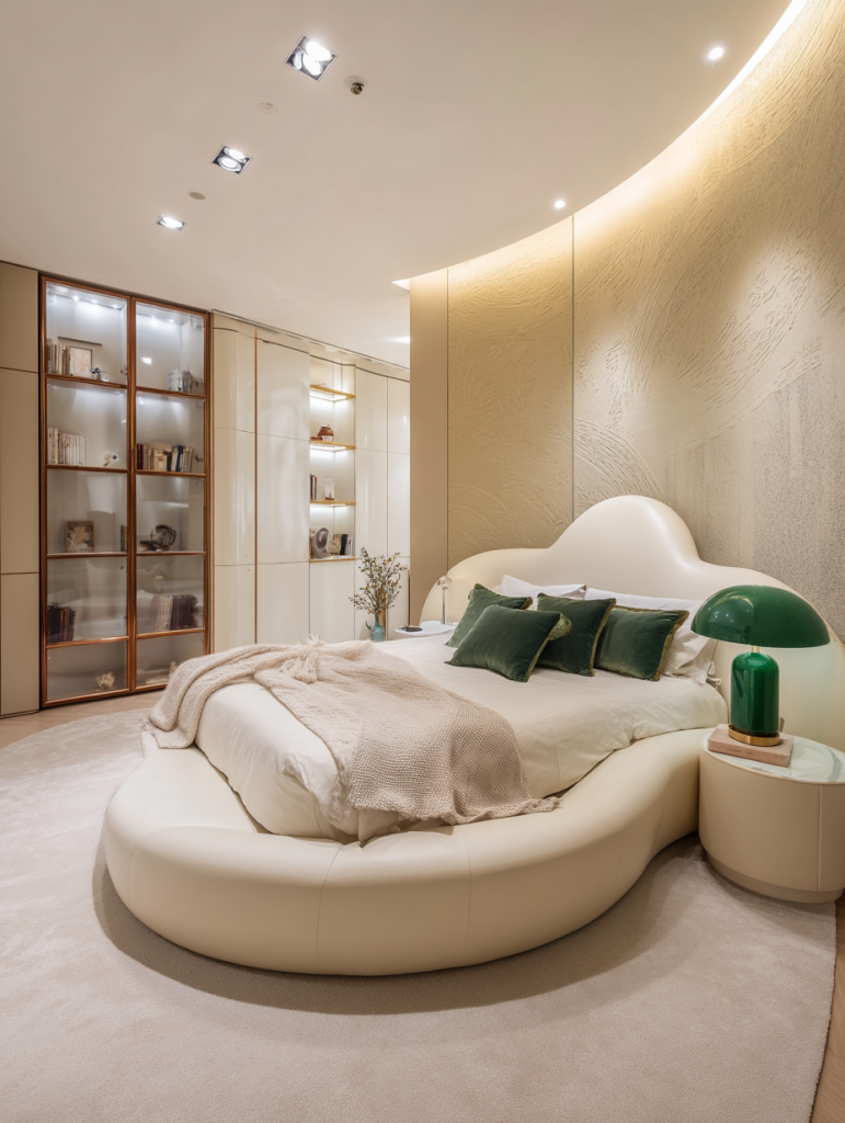 Curved furniture designs featuring modern luxury bed in cozy bedroom 