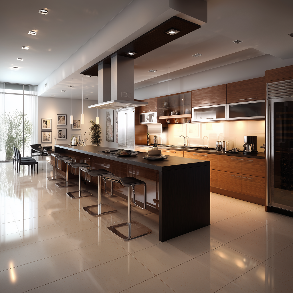 Open kitchen design with wood cabinets island seating and lighting