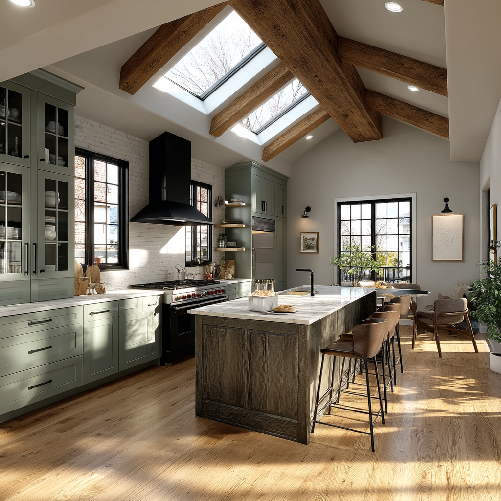 Modern open kitchen design with wood beams island and natural lighting 