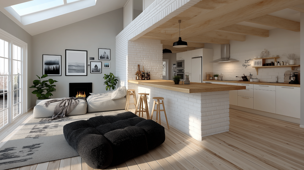 Open kitchen design with breakfast bar wood ceiling and living room