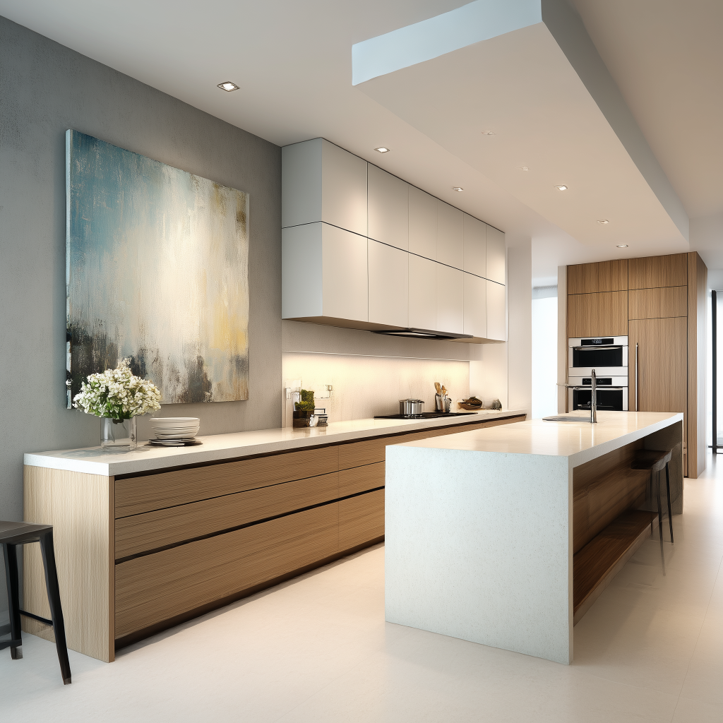 Modern small open kitchen design with minimal island and wall cabinets