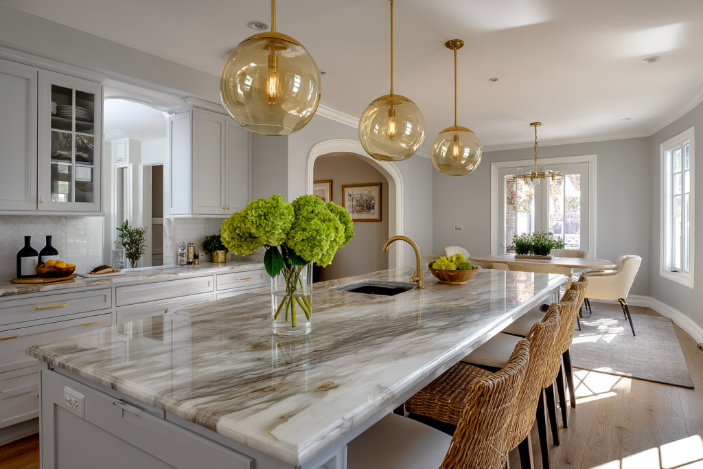 open kitchen design with marble island pendant lights and dining 