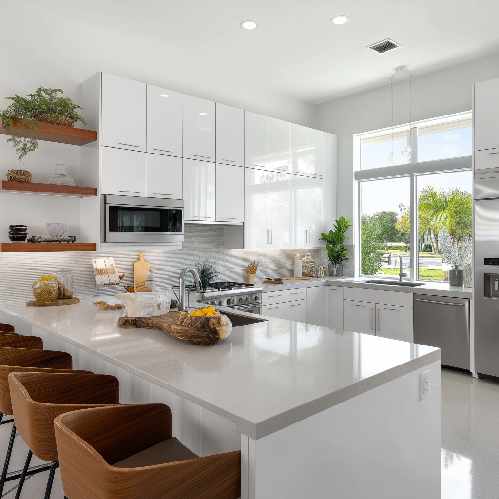 small open kitchen design with white cabinets and island seating