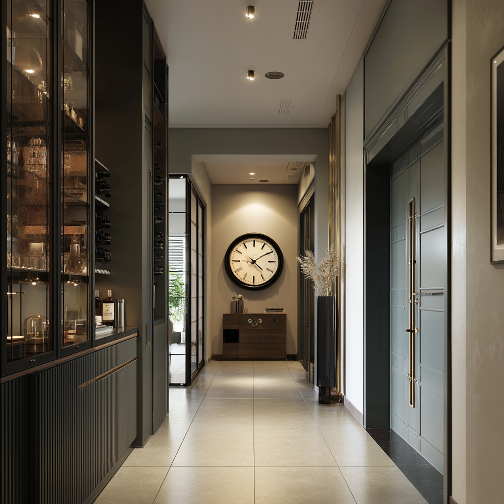 Open kitchen design with modern hallway transition and sleek decor