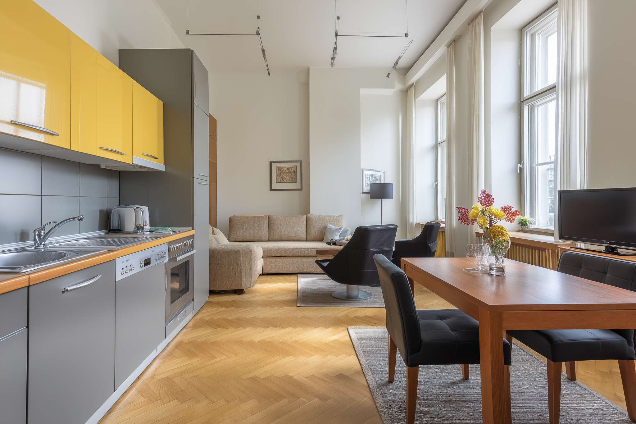 Open kitchen design with compact layout dining and living area setup