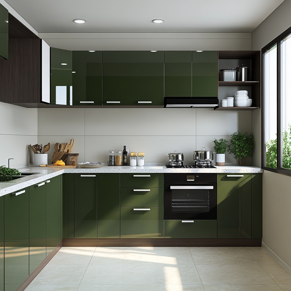 L shape small modular kitchen design with glossy green cabinets 