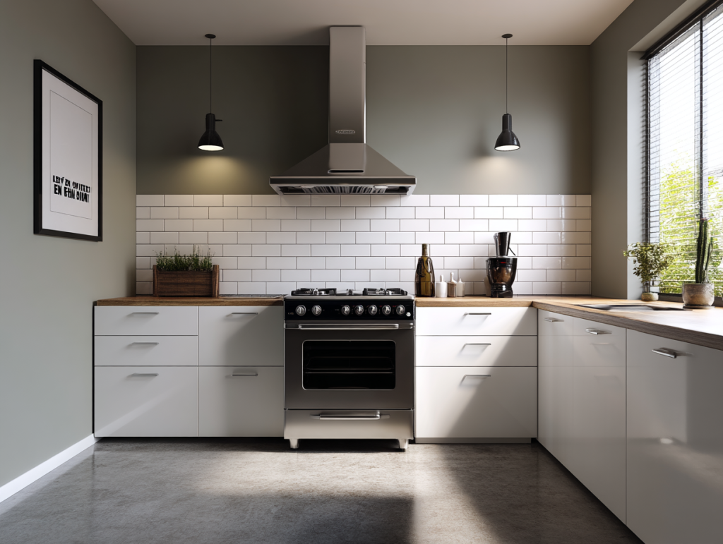 L shape small modular kitchen design with subway tile backsplash 