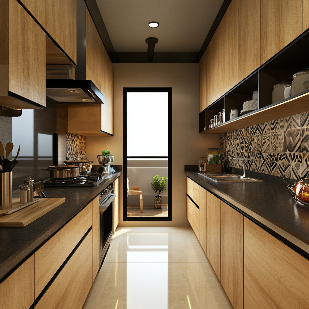 Small space parallel modular kitchen design with wooden cabinet finishes 