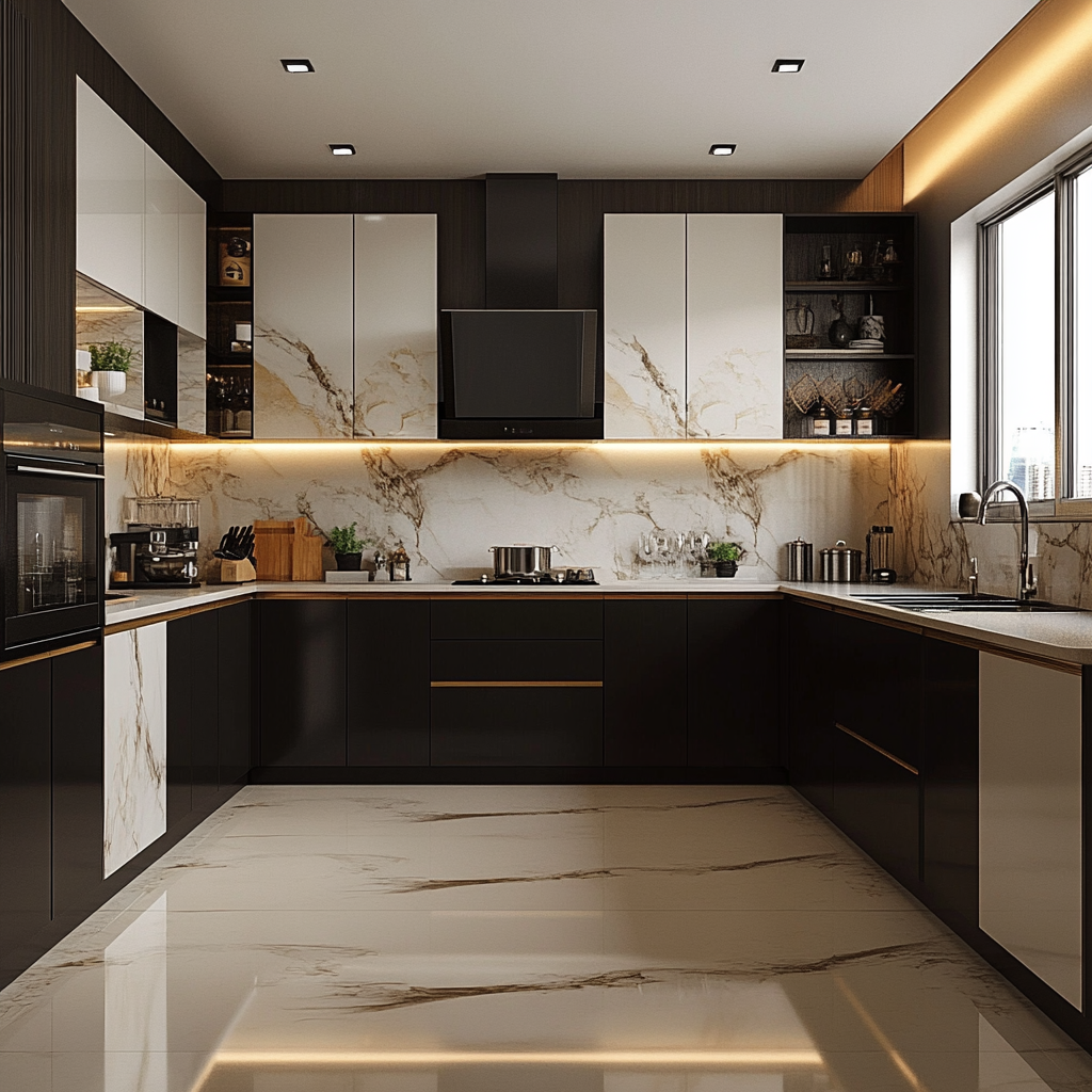 Small u shaped modular kitchen design with marble finish cabinets 