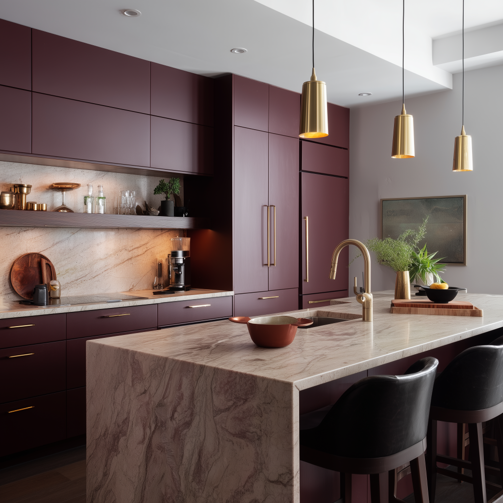 Contemporary Indian kitchen design with maroon cabinets and marble island