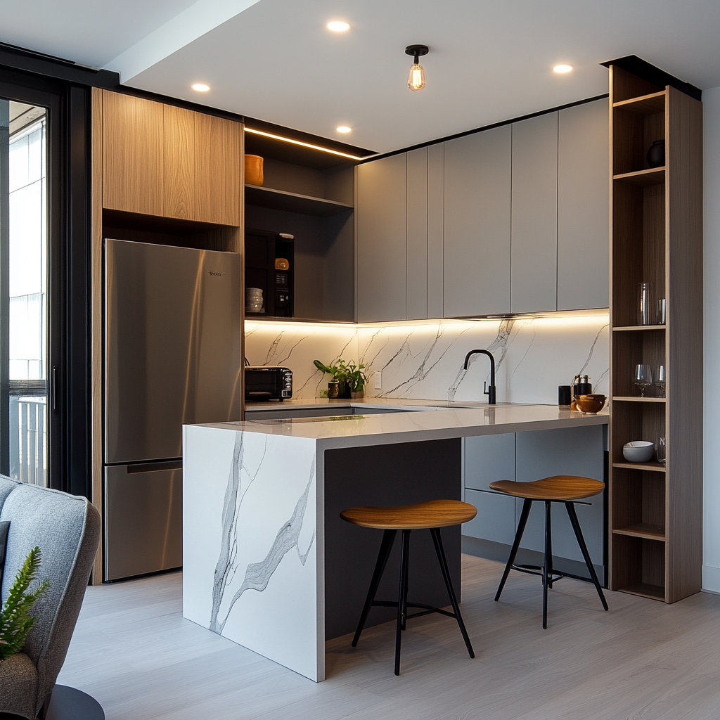 Modern Indian kitchen design with marble peninsula and grey modular cabinets 