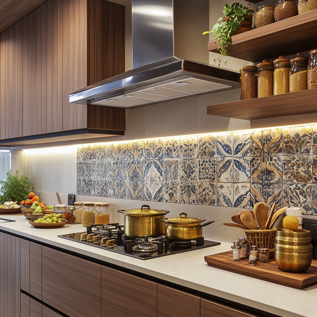 Indian kitchen design with brass utensils open shelving and tiled backsplash 