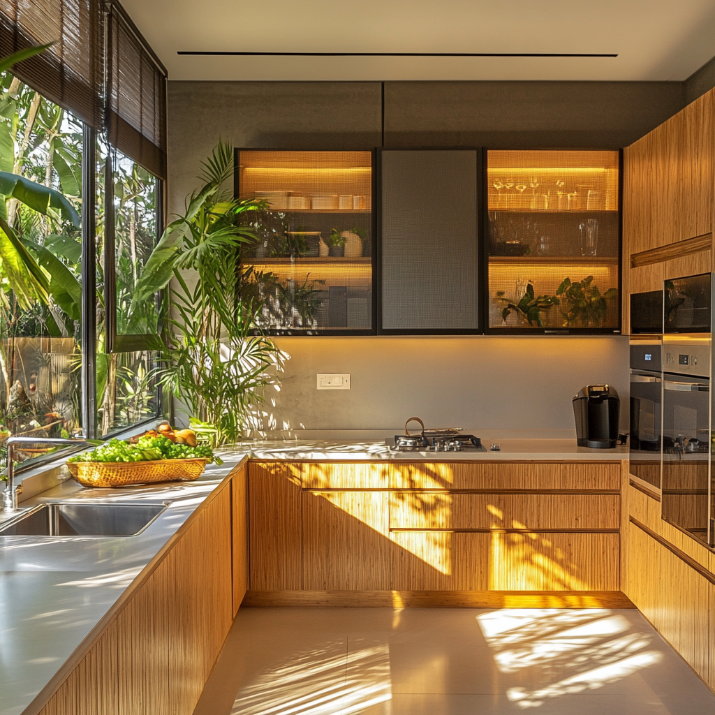 Indian kitchen design with wooden cabinets indoor plants and natural lighting 
