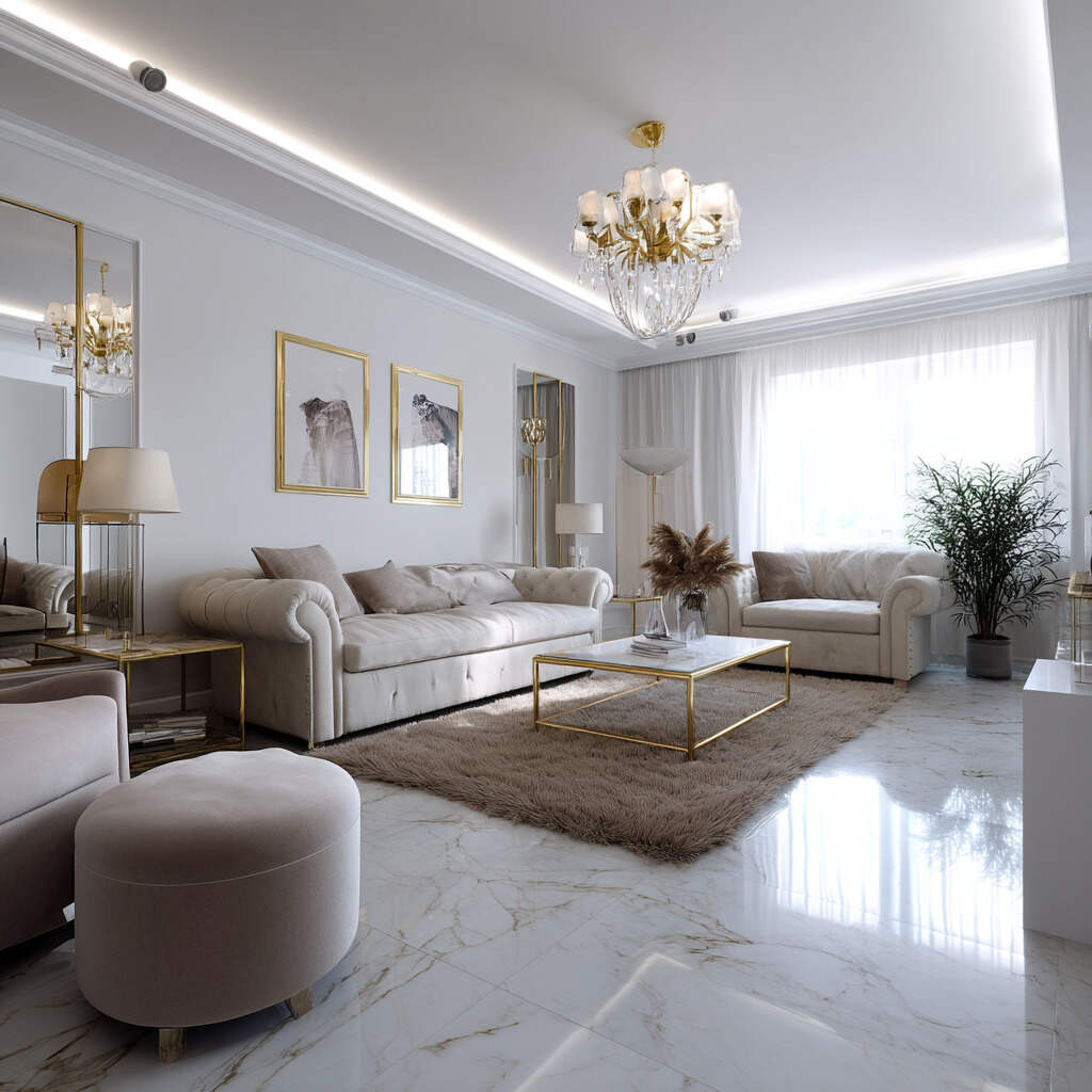 Monochromatic interior design with white-on-white palette for living room 